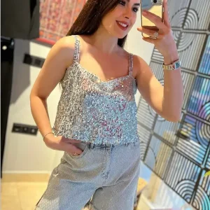 Sırt dekolteli payetli bluz